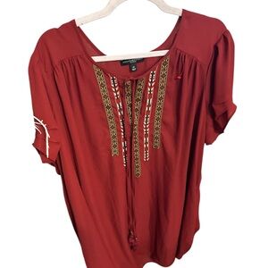 Signature Studio Red Embroidered Blouse with tassels 2x short sleeve 100 poly